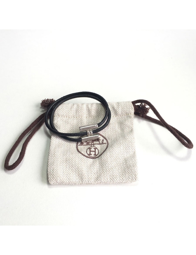 Bracelet Tournis HERMES lien en cuir noir et argent palladié