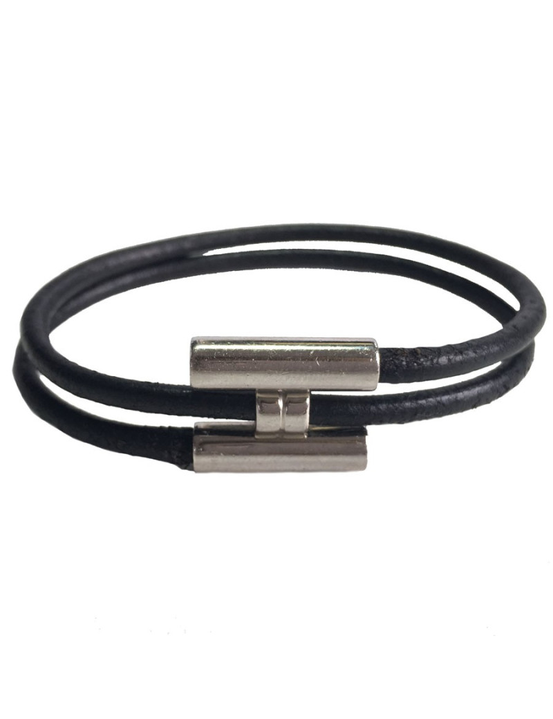 Bracelet Tournis HERMES lien en cuir noir et argent palladié