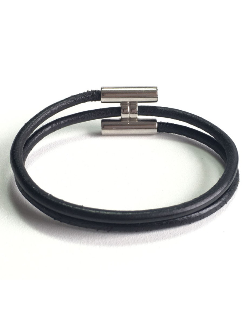 Bracelet Tournis HERMES lien en cuir noir et argent palladié
