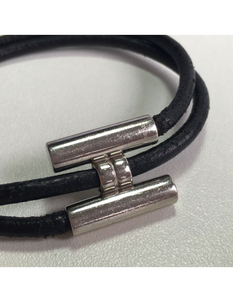 Dizzy HERMES leather black and silver ring link bracelet