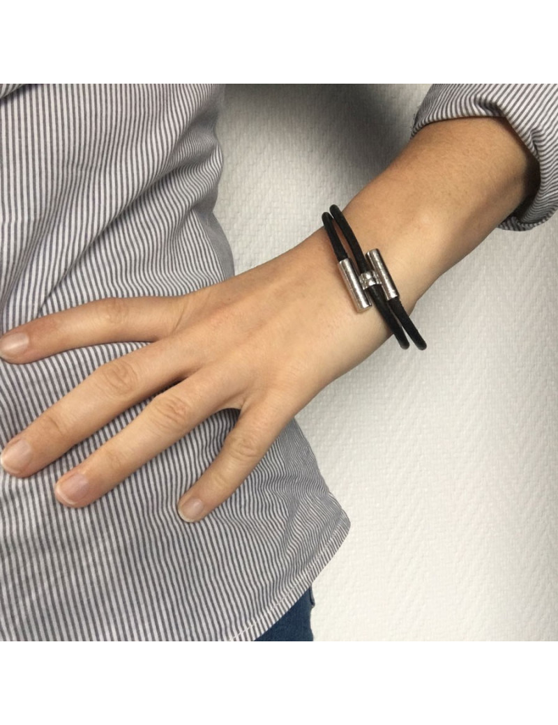 Dizzy HERMES leather black and silver ring link bracelet
