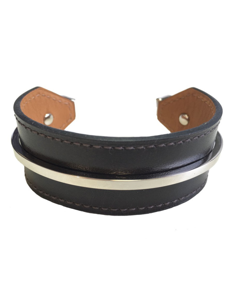 HERMES 'Binôme' bracelet inchocolate box leather and brass silver metal