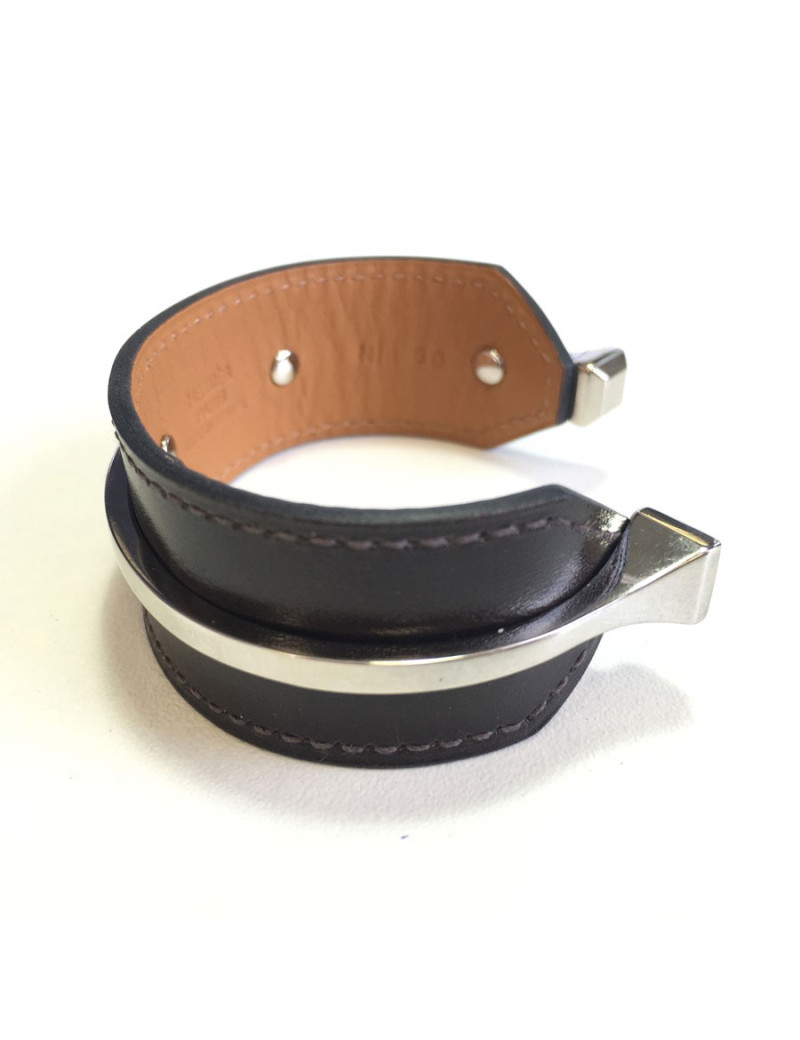 HERMES 'Binôme' bracelet inchocolate box leather and brass silver metal