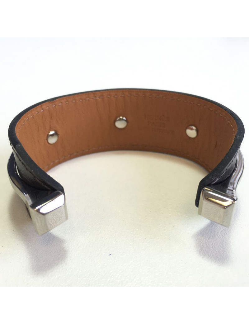 HERMES 'Binôme' bracelet inchocolate box leather and brass silver metal