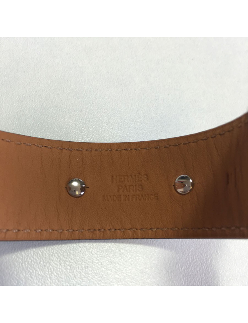 HERMES 'Binôme' bracelet inchocolate box leather and brass silver metal