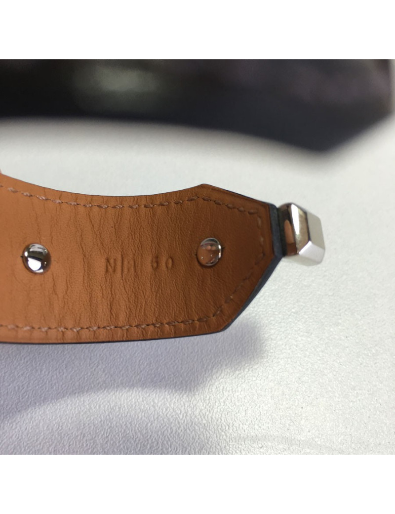 HERMES 'Binôme' bracelet inchocolate box leather and brass silver metal