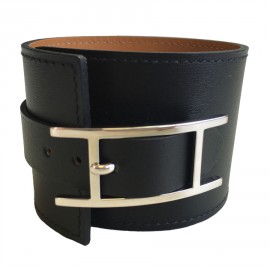 HERMES leather jewel calf black chamonix and brass bracelet