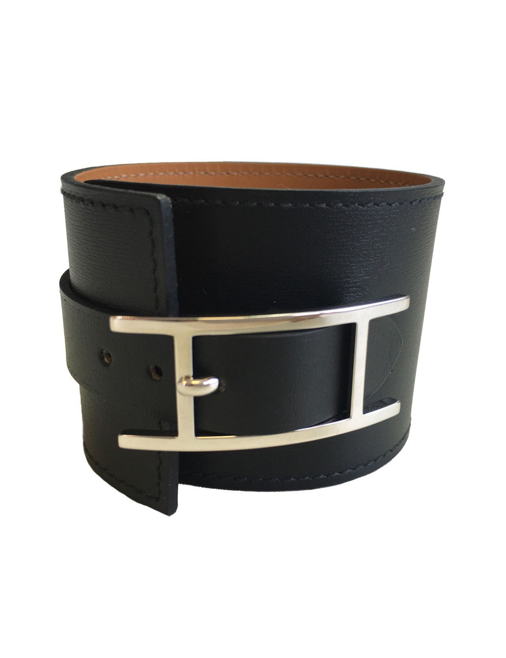 HERMES leather jewel calf black chamonix and brass bracelet