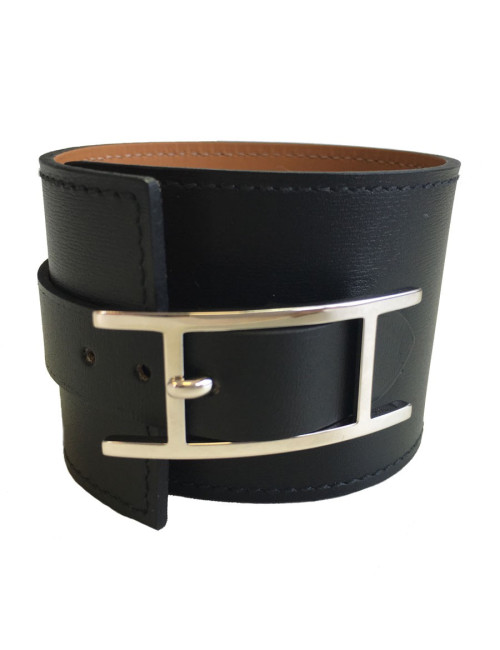 Bracelet HERMES cuir fleuron veau chamonix noir et laiton