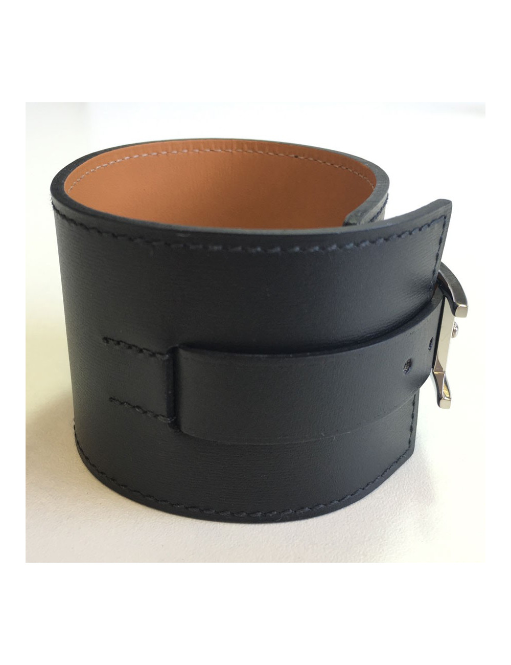 HERMES leather jewel calf black chamonix and brass bracelet