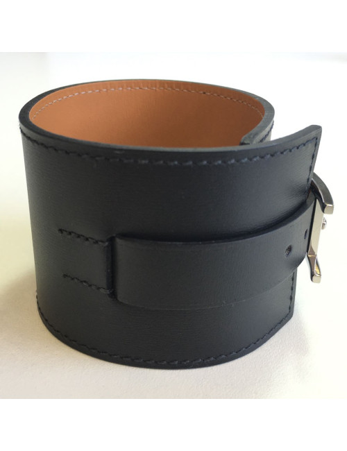 HERMES leather jewel calf black chamonix and brass bracelet