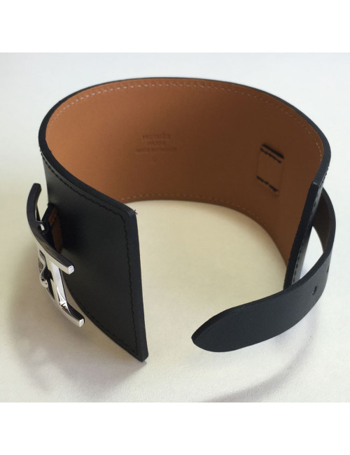 Bracelet HERMES cuir fleuron veau chamonix noir et laiton