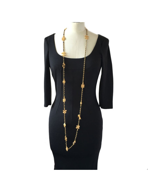 Symbols in gold metal and link black leather CHANEL necklace