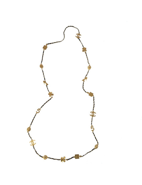Symbols in gold metal and link black leather CHANEL necklace