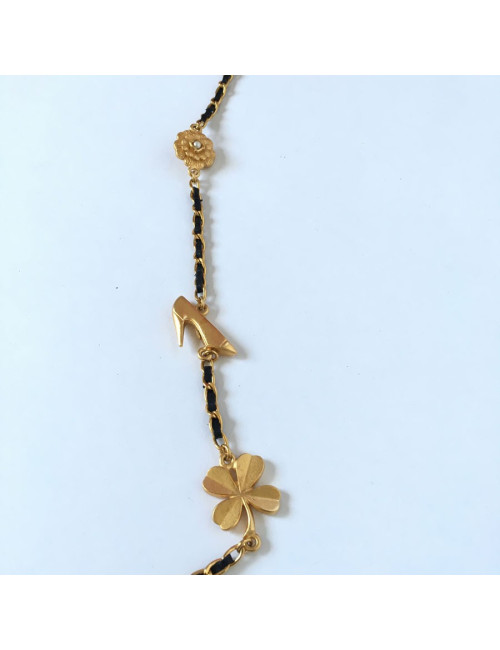 Symbols in gold metal and link black leather CHANEL necklace