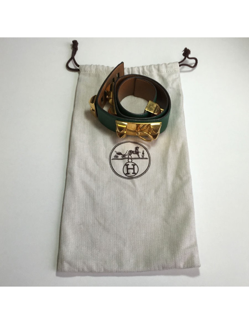 Ceinture HERMES Médor T70 cuir courchevel vert pelouse bijouterie dorée
