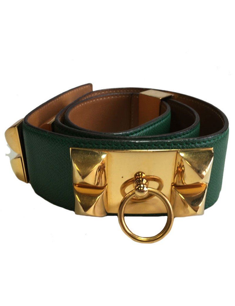Ceinture HERMES Médor T70 cuir courchevel vert pelouse bijouterie dorée