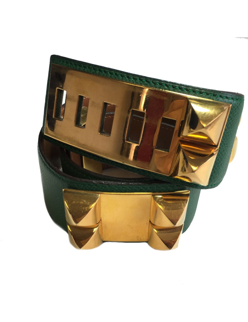 Ceinture HERMES Médor T70 cuir courchevel vert pelouse bijouterie dorée