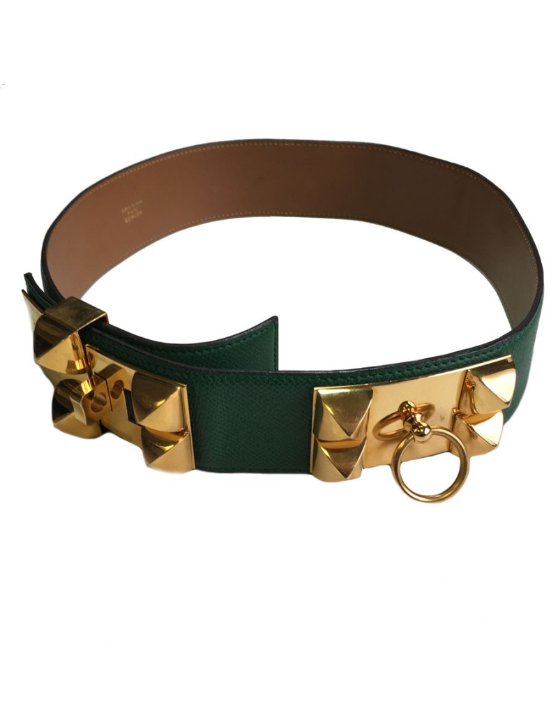 Ceinture HERMES Médor T70 cuir courchevel vert pelouse bijouterie dorée