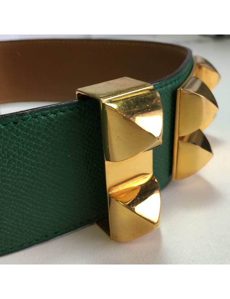 Belt HERMES Medor T70 leather green lawn courchevel Golden jewelry