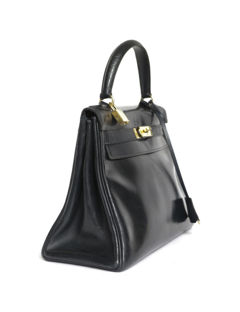 Sac Kelly 28 HERMES en cuir box bleu