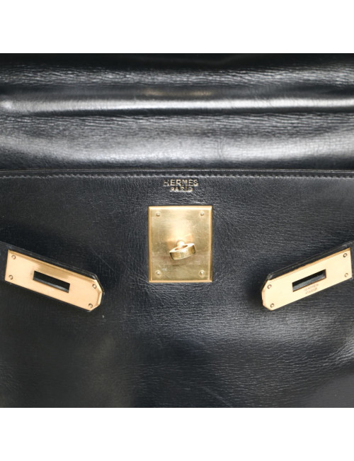 Sac Kelly 28 HERMES en cuir box bleu