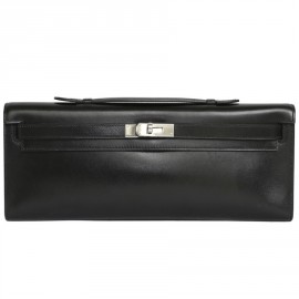 Kelly cut HERMES box black leather pouch