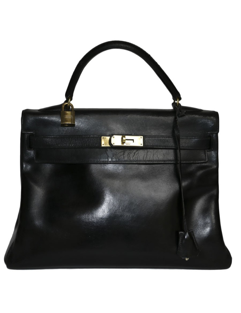Sac Kelly 32 HERMES cuir box noir Vintage