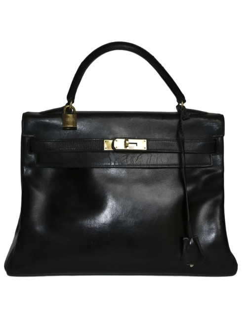 Sac Kelly 32 HERMES cuir box noir Vintage