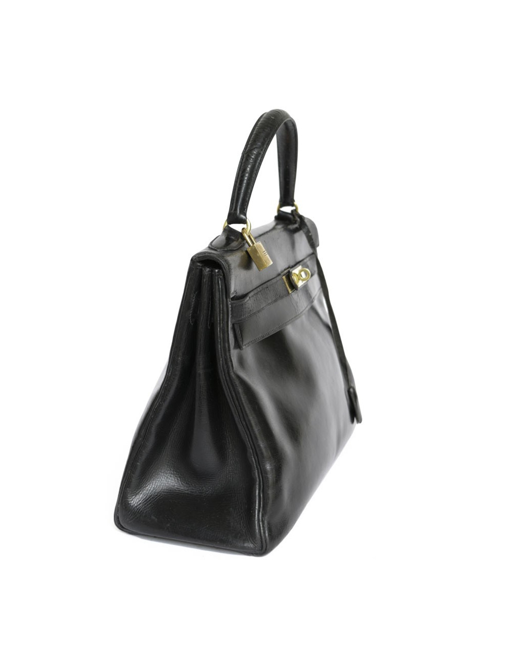Sac Kelly 32 HERMES cuir box noir Vintage