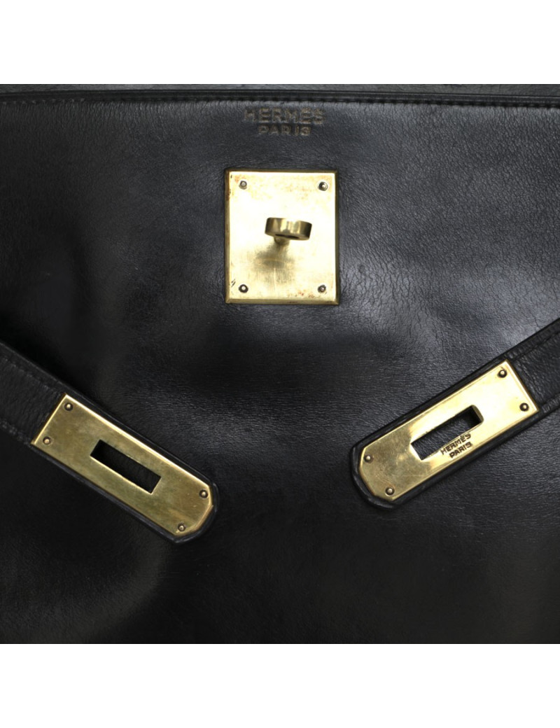 Sac Kelly 32 HERMES cuir box noir Vintage