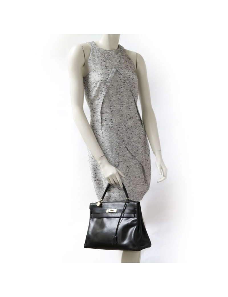 Sac Kelly 32 HERMES cuir box noir Vintage