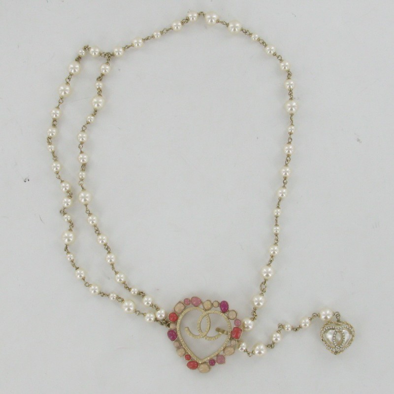 CHANEL necklace and gold heart belt pink and beige - VALOIS VINTAGE PARIS