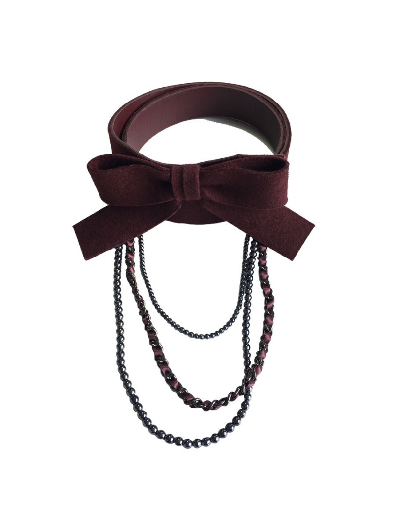 Ceinture CHANEL en feutrine bordeaux et perles grises T80