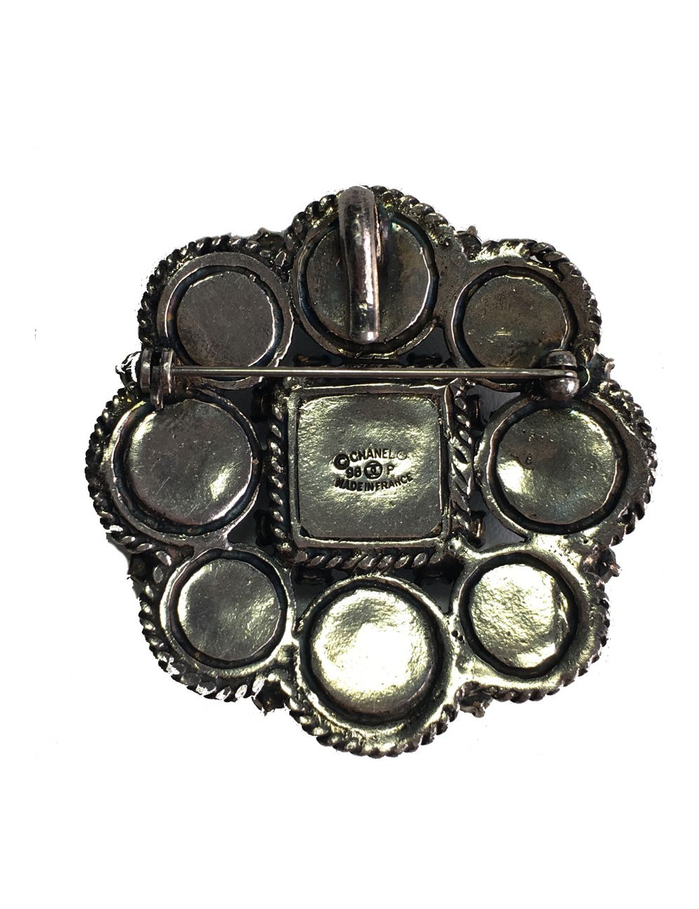 Broche CHANEL couture en métal ruthénium, strass et  pâte de verre