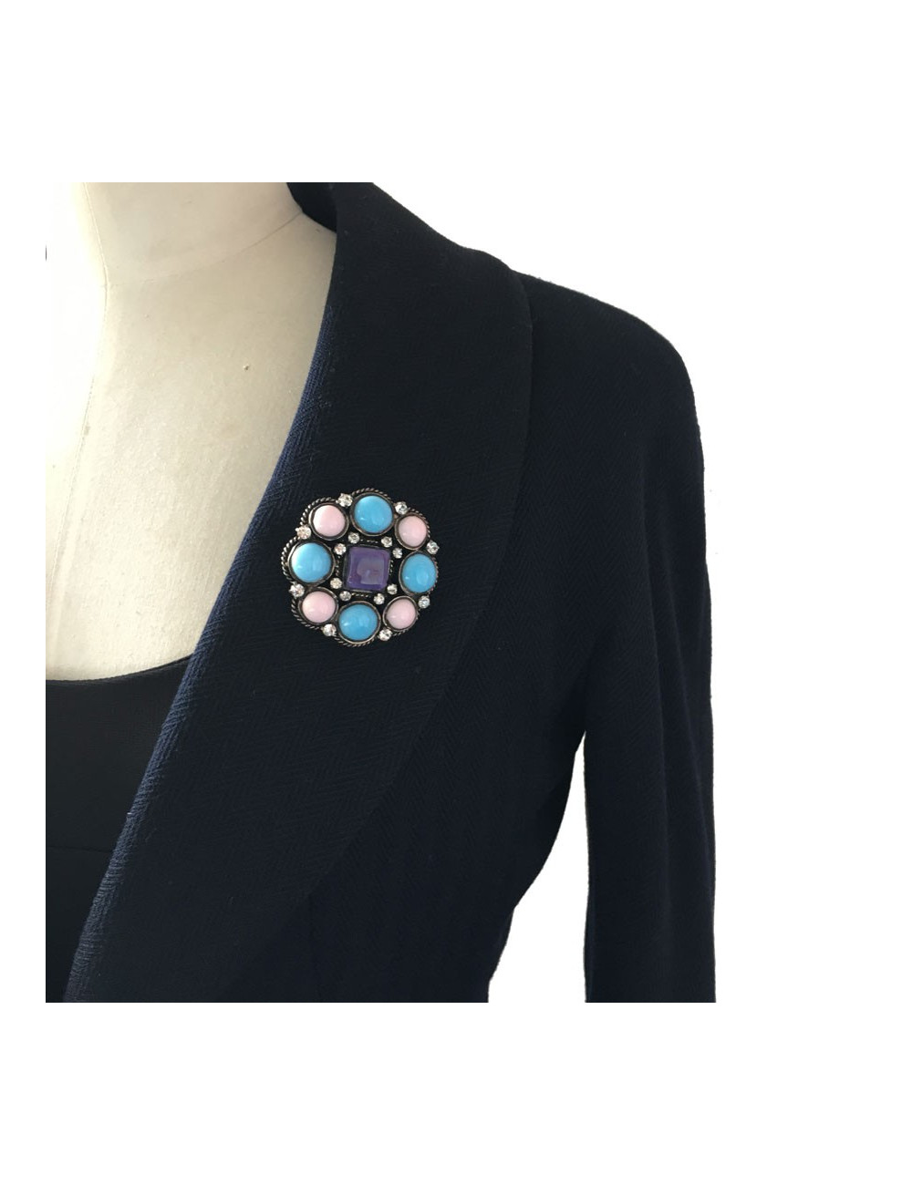 Broche CHANEL couture en métal ruthénium, strass et  pâte de verre