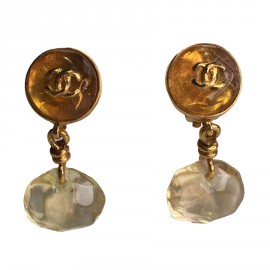 Boucles d'oreille clips CHANEL Vintage 1999 en métal doré et couleur ambre