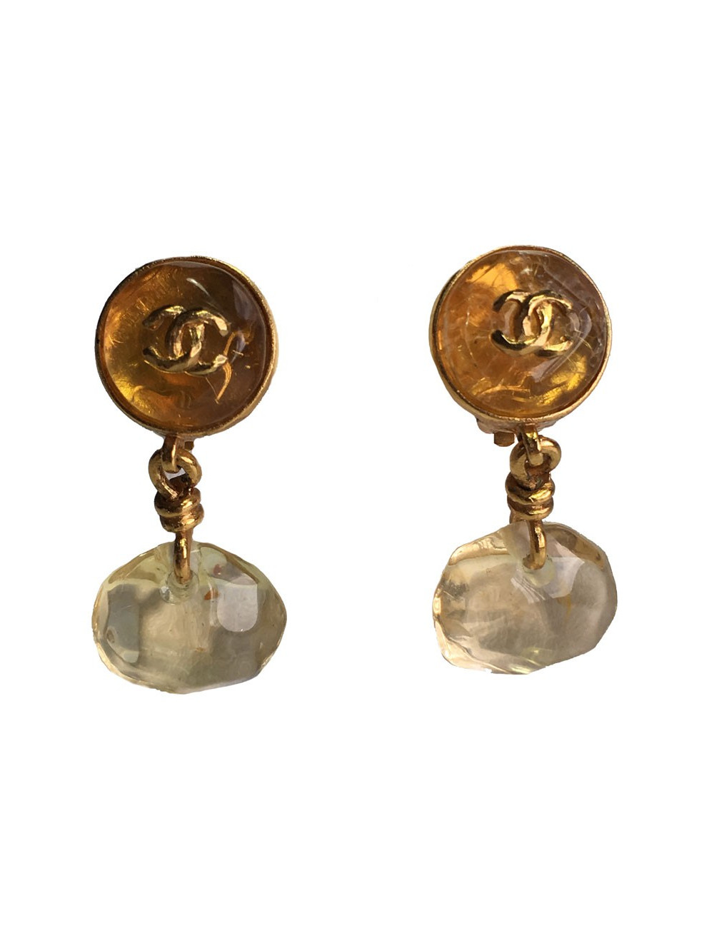Boucles d'oreille clips CHANEL en métal doré et  couleur ambre
