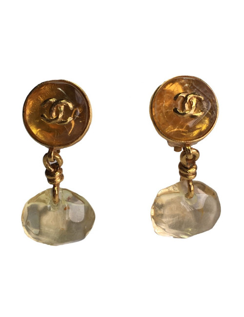 Boucles d'oreille clips CHANEL en métal doré et  couleur ambre