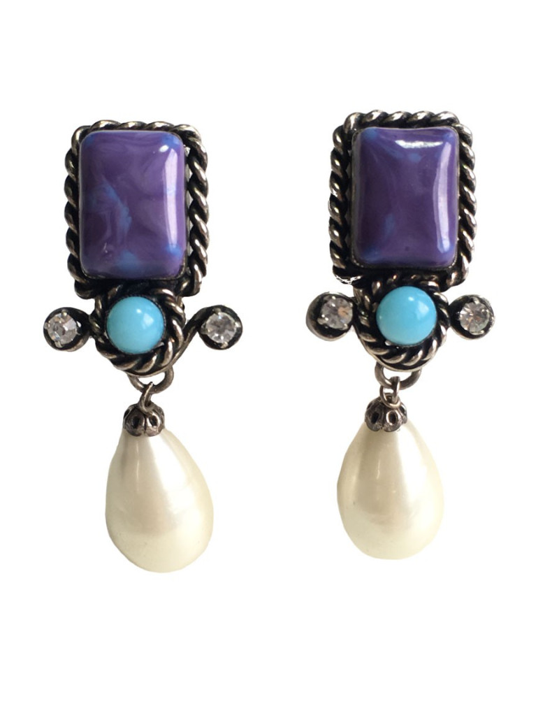 Boucles d'oreille Clips CHANEL Couture en métal ruthénium et pâte de verre