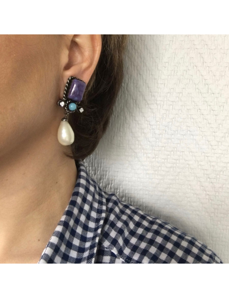 Boucles d'oreille Clips CHANEL Couture en métal ruthénium et pâte de verre