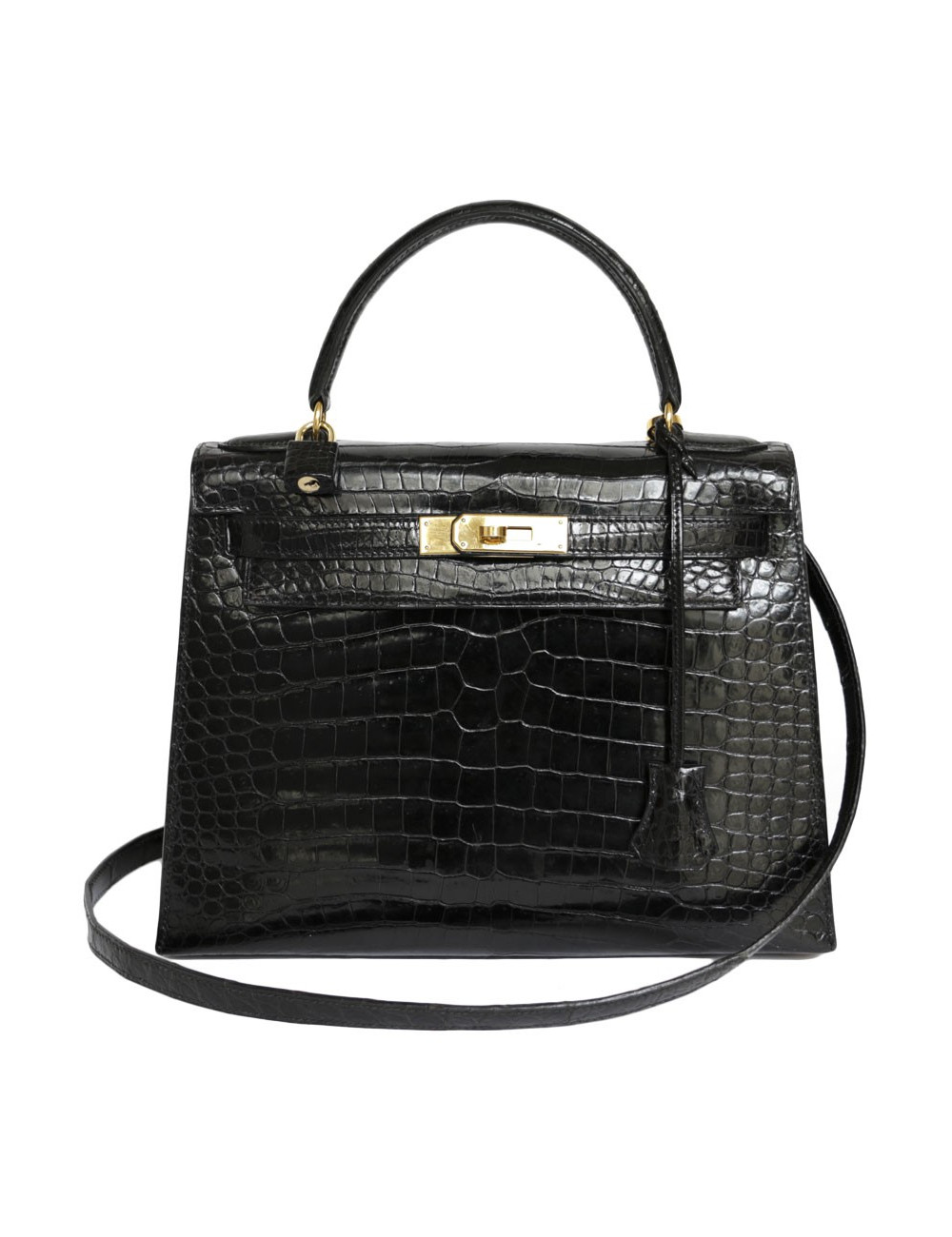 Kelly 28 HERMES croco noir porosus