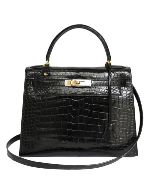 Kelly 28 HERMES croco noir porosus