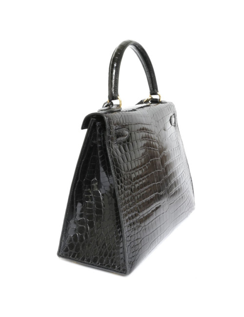 Kelly 28 HERMES croco noir porosus