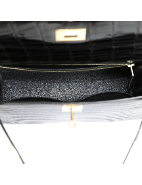 Kelly 28 HERMES croco noir porosus