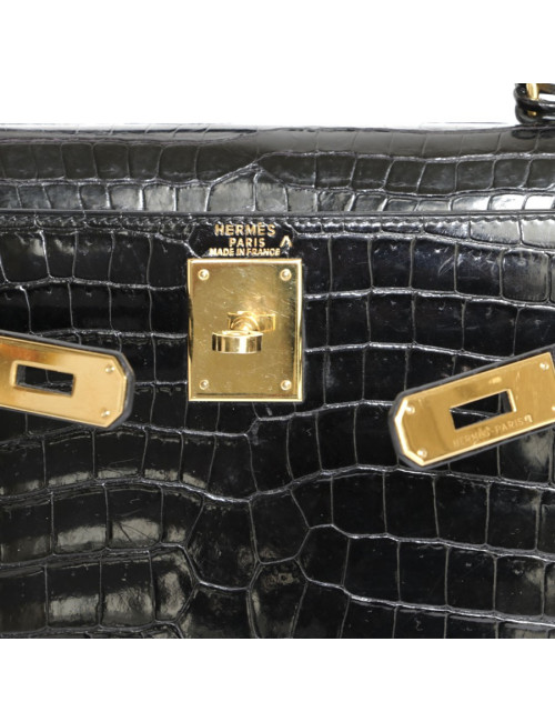Kelly 28 HERMES croco noir porosus