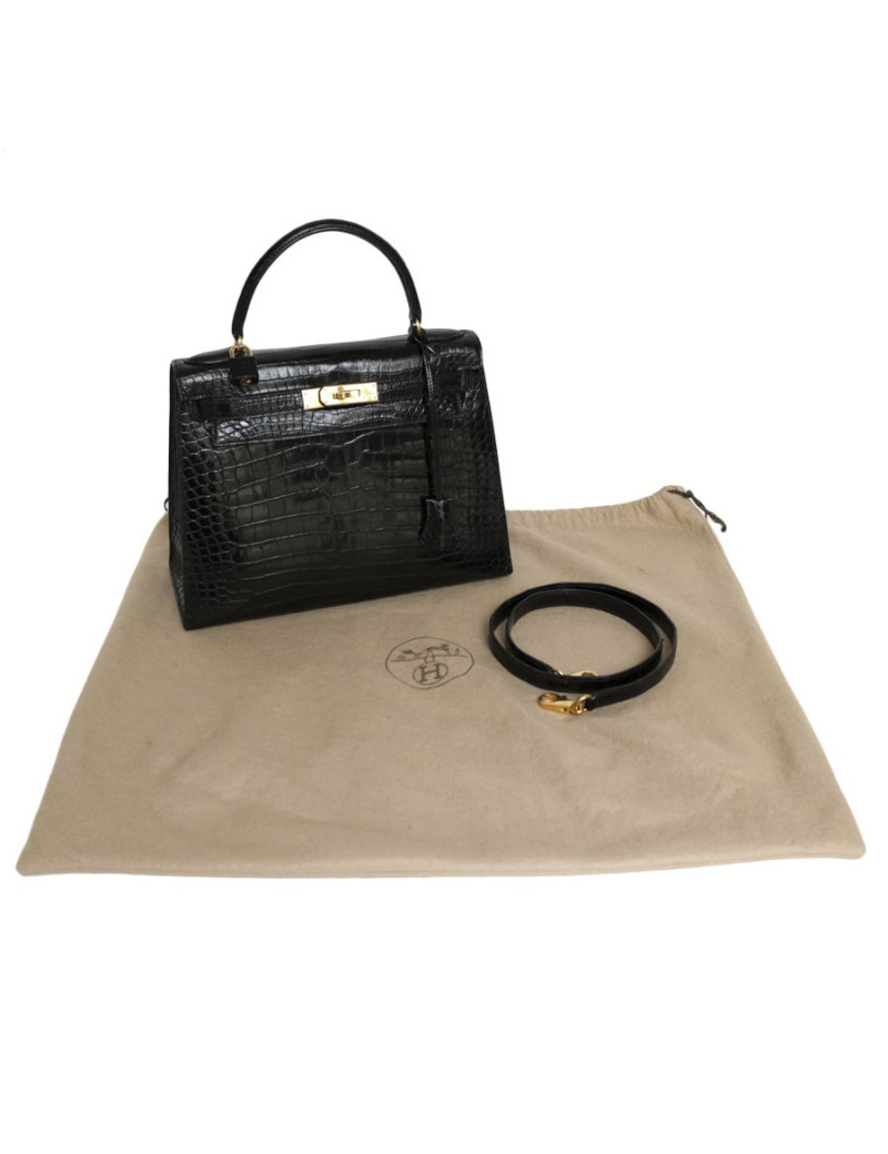 Kelly 28 HERMÈS black porosus crocodile leather