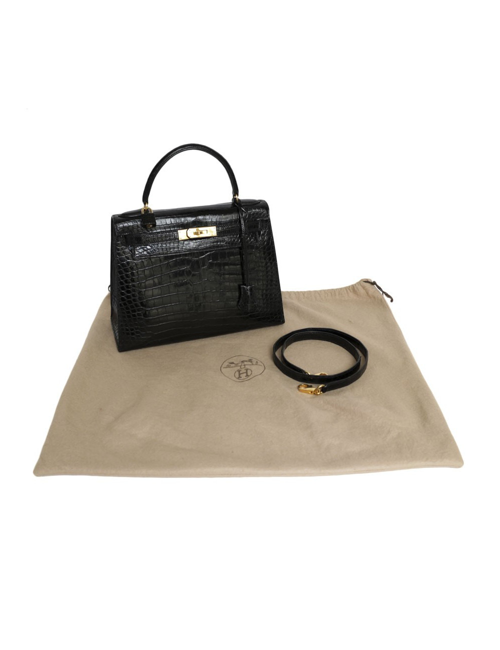 Kelly 28 HERMES croco noir porosus