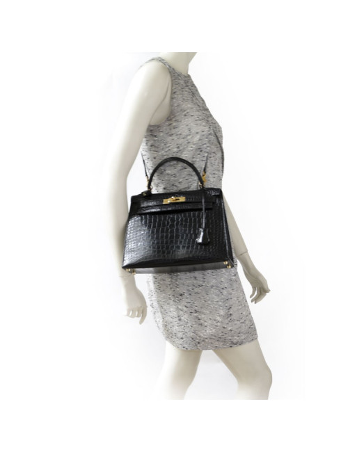Kelly 28 HERMES croco noir porosus