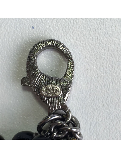 Collier CHANEL triple rangs en métal argenté, perles noires et strass blancs et noirs